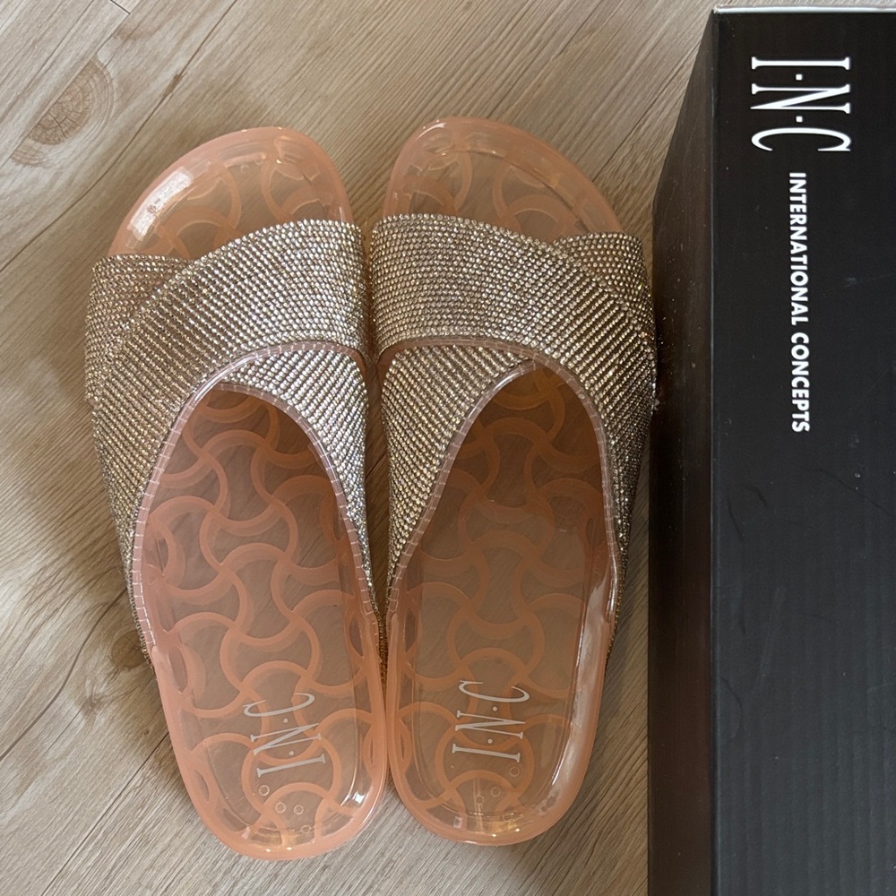 INC International Concepts Rose Gold Jeweled Slide Sandals - Brand new!